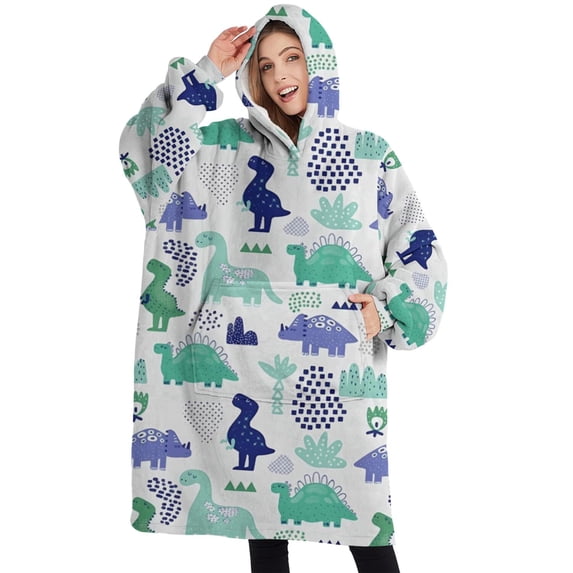 Oversized Wearable Blanket Hoodie,Blue Green Dinosaurs Geometric Pattern Sherpa Blanket Hoodie with Super Pockets,Super Warm Fuzzy Pullover for Women & Men