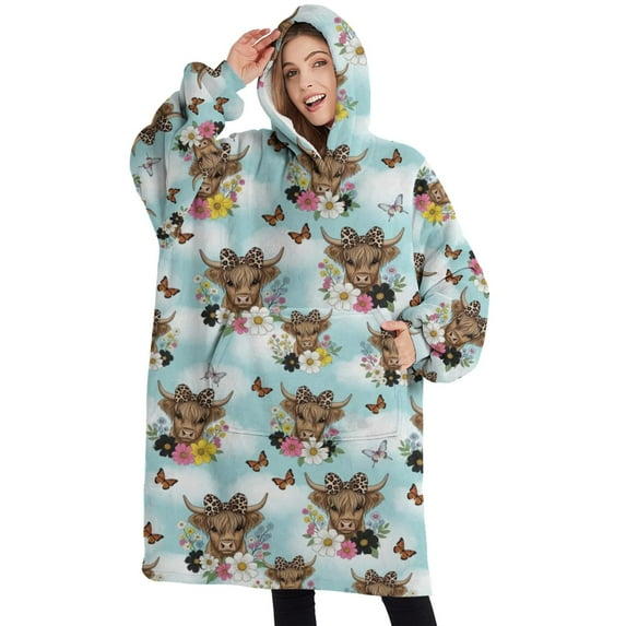 Oversized Wearable Blanket Hoodie,Blue Highland Cow Flower Butterfly Pattern Sherpa Blanket Hoodie with Super Pockets,Super Warm Fuzzy Pullover for Women & Men