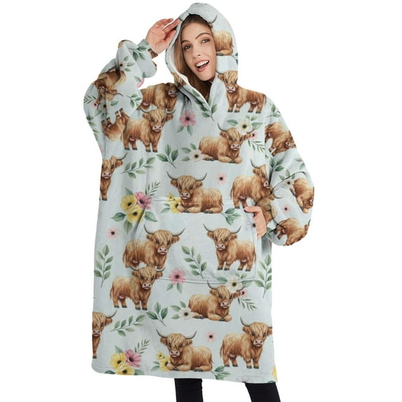 Oversized Wearable Blanket Hoodie,Blue Highland Cow Flower Leaf Pattern Sherpa Blanket Hoodie with Super Pockets,Super Warm Fuzzy Pullover for Women & Men