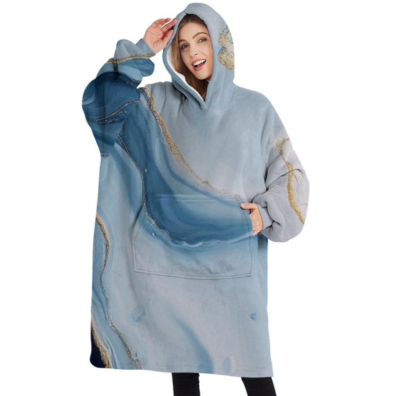 Oversized Wearable Blanket Hoodie,Blue Marble Gold Line Pattern Sherpa Blanket Hoodie with Super Pockets,Super Warm Fuzzy Pullover for Women & Men