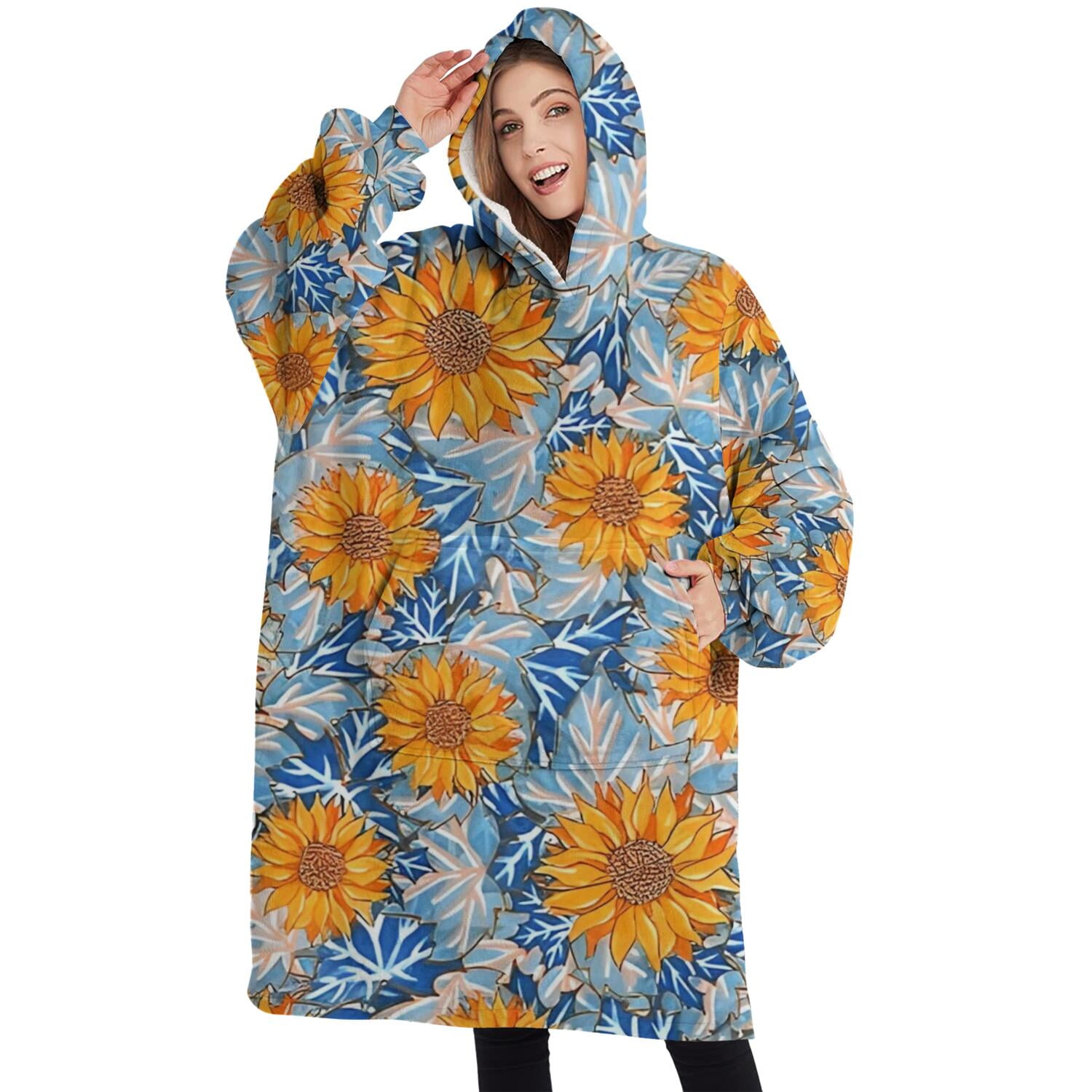 Oversized Wearable Blanket Hoodie,Blue Orange Sunflower Leaf Pattern Sherpa Blanket Hoodie with Super Pockets,Super Warm Fuzzy Pullover for Women & Men