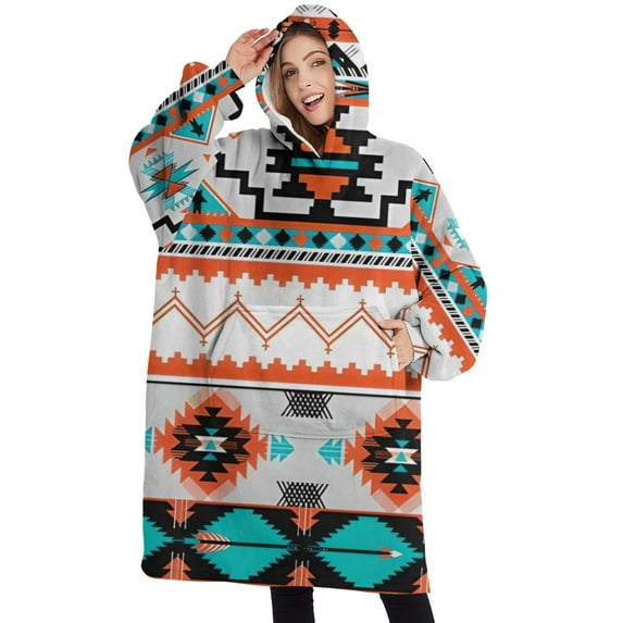 Oversized Wearable Blanket Hoodie,Blue and Pink Floral and Geometric Boho Pattern Sherpa Blanket Hoodie with Super Pockets,Super Warm Fuzzy Pullover for Women & Men