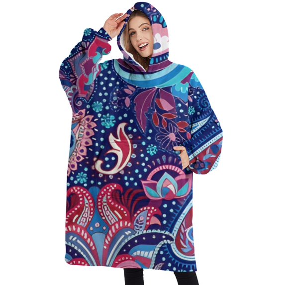 Oversized Wearable Blanket Hoodie,Blue Pioneer Flower and Paisley Pattern Sherpa Blanket Hoodie with Super Pockets,Super Warm Fuzzy Pullover for Women & Men