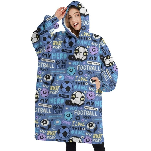 Oversized Wearable Blanket Hoodie,Blue Soccer Themed Pattern Sherpa Blanket Hoodie with Super Pockets,Super Warm Fuzzy Pullover for Women & Men