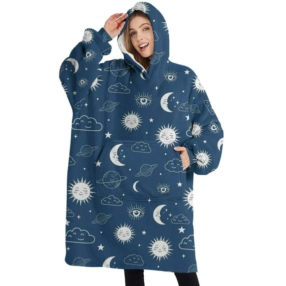 Oversized Wearable Blanket Hoodie,Blue Sun Moon Cloud Planet Eye Star Pattern Sherpa Blanket Hoodie with Super Pockets,Super Warm Fuzzy Pullover for Women & Men