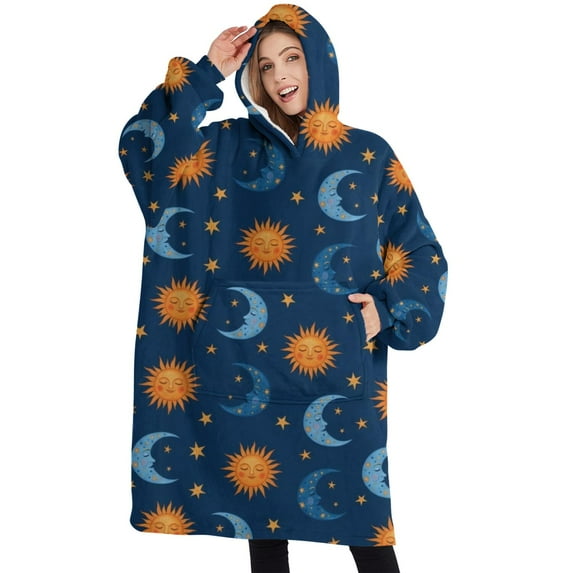 Oversized Wearable Blanket Hoodie,Blue Sun Moon Star Pattern Sherpa Blanket Hoodie with Super Pockets,Super Warm Fuzzy Pullover for Women & Men