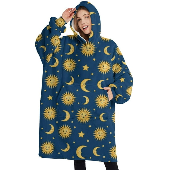 Oversized Wearable Blanket Hoodie,Blue Sun Moon Star Pattern Sherpa Blanket Hoodie with Super Pockets,Super Warm Fuzzy Pullover for Women & Men