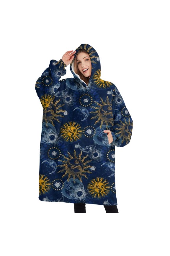 Oversized Wearable Blanket Hoodie,Blue Sun Moon Star Pattern Sherpa Blanket Hoodie with Super Pockets,Super Warm Fuzzy Pullover for Women & Men
