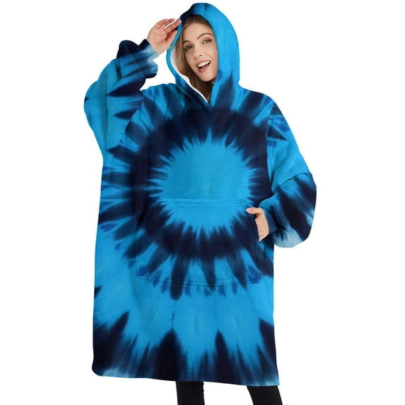 Oversized Wearable Blanket Hoodie,Blue Tie Dye Spiral Pattern Sherpa Blanket Hoodie with Super Pockets,Super Warm Fuzzy Pullover for Women & Men