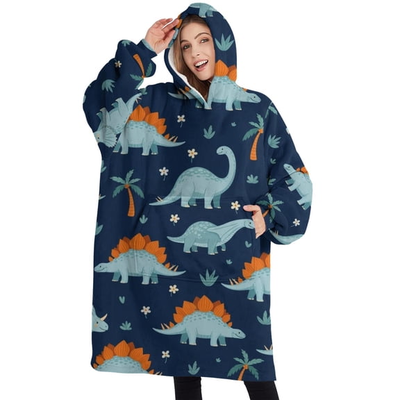 Oversized Wearable Blanket Hoodie,Blue Toned Dinosaur and Palm Tree Pattern Sherpa Blanket Hoodie with Super Pockets,Super Warm Fuzzy Pullover for Women & Men