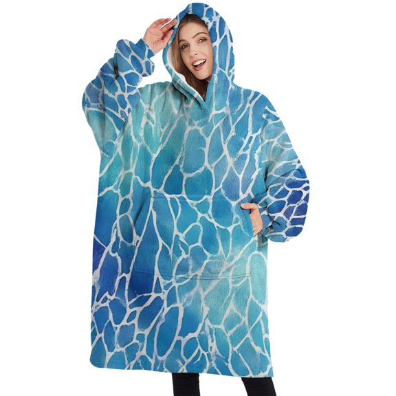 Oversized Wearable Blanket Hoodie,Blue White Tie Dye Cracked Pattern Sherpa Blanket Hoodie with Super Pockets,Super Warm Fuzzy Pullover for Women & Men