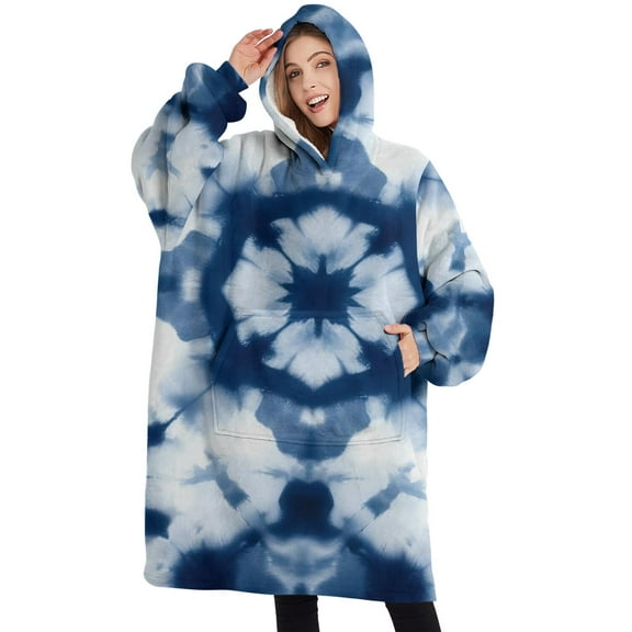 Oversized Wearable Blanket Hoodie,Blue White Tie Dye Mandala Pattern Sherpa Blanket Hoodie with Super Pockets,Super Warm Fuzzy Pullover for Women & Men