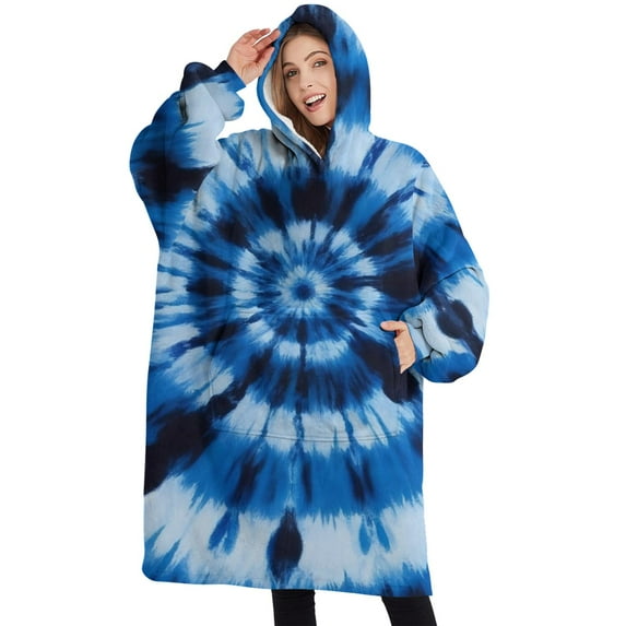 Oversized Wearable Blanket Hoodie,Blue White Tie Dye Spiral Pattern Sherpa Blanket Hoodie with Super Pockets,Super Warm Fuzzy Pullover for Women & Men