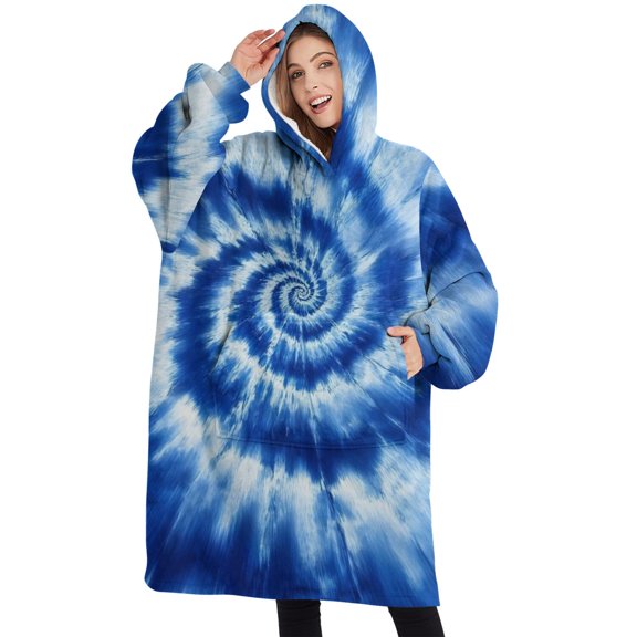 Oversized Wearable Blanket Hoodie,Blue White Tie Dye Spiral Pattern Sherpa Blanket Hoodie with Super Pockets,Super Warm Fuzzy Pullover for Women & Men