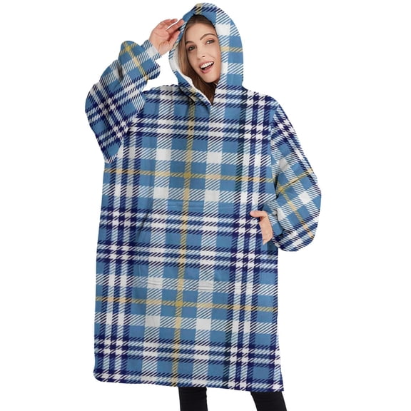 Oversized Wearable Blanket Hoodie,Blue White and Yellow Checkered Pattern Sherpa Blanket Hoodie with Super Pockets,Super Warm Fuzzy Pullover for Women & Men