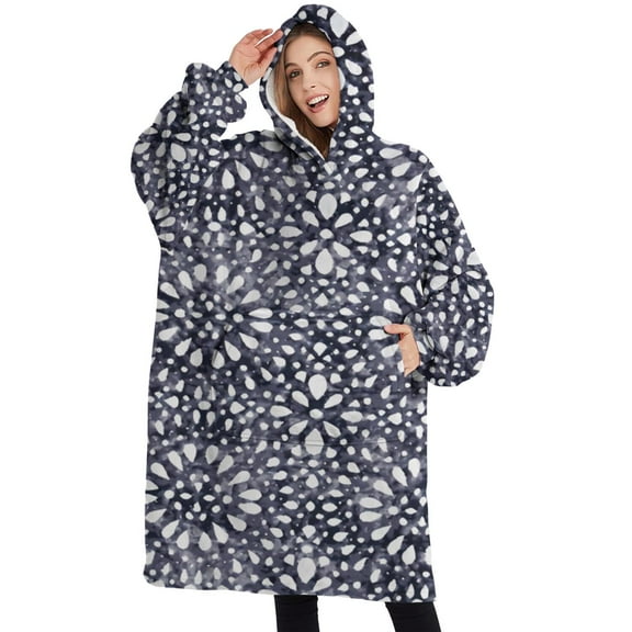 Oversized Wearable Blanket Hoodie,Blue and White Abstract Pattern Sherpa Blanket Hoodie with Super Pockets,Super Warm Fuzzy Pullover for Women & Men