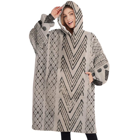 Oversized Wearable Blanket Hoodie,Boho Black and White Tribal Ethnic Pattern Sherpa Blanket Hoodie with Super Pockets,Super Warm Fuzzy Pullover for Women & Men