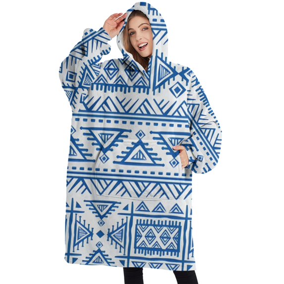 Oversized Wearable Blanket Hoodie,Boho Blue Geometric Ethnic Pattern Sherpa Blanket Hoodie with Super Pockets,Super Warm Fuzzy Pullover for Women & Men