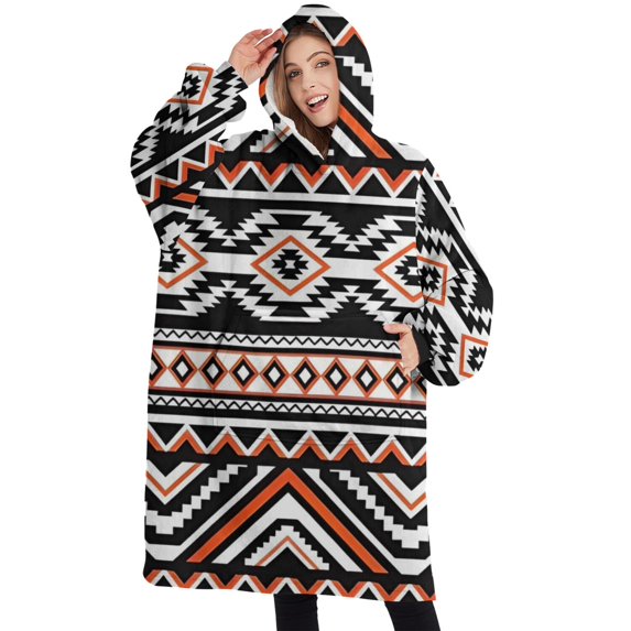 Oversized Wearable Blanket Hoodie,Boho Orange and Black Geometric Ethnic Pattern Sherpa Blanket Hoodie with Super Pockets,Super Warm Fuzzy Pullover for Women & Men