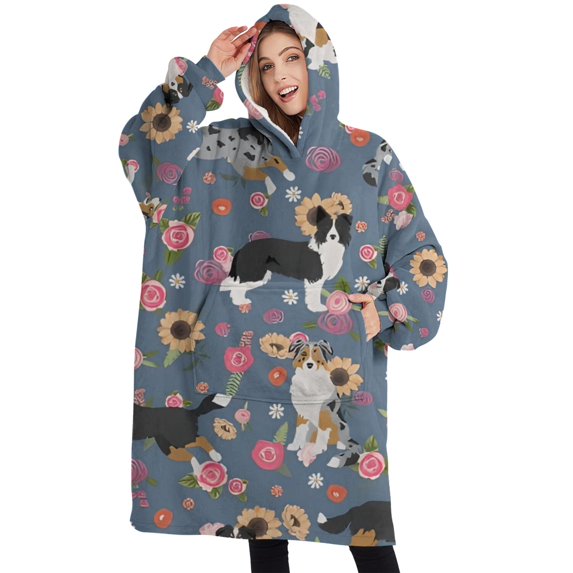 Oversized Wearable Blanket Hoodie,Border Collie Dog and Flower Florals Sherpa Blanket Hoodie with Super Pockets,Super Warm Fuzzy Pullover for Women & Men
