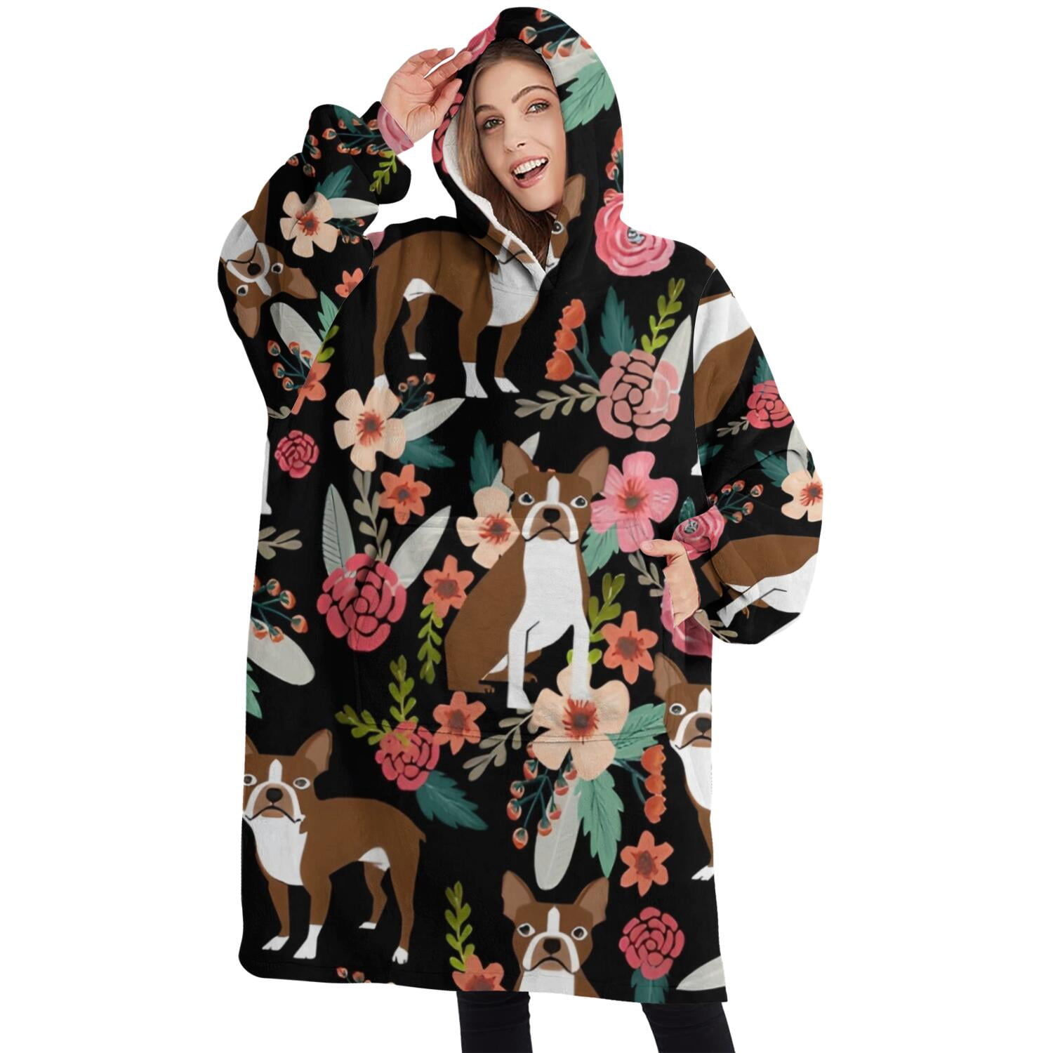Oversized Wearable Blanket Hoodie,Boston Terrier Dog with Pioneer Flower Sherpa Blanket Hoodie with Super Pockets,Super Warm Fuzzy Pullover for Women & Men