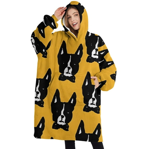 Oversized Wearable Blanket Hoodie,Boston Terrier Sherpa Blanket Hoodie with Super Pockets,Super Warm Fuzzy Pullover for Women & Men