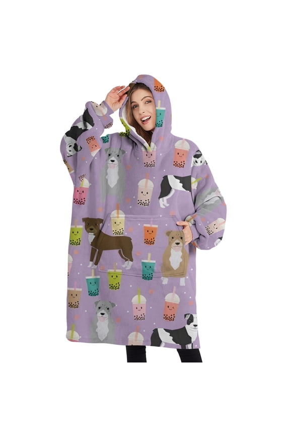 Oversized Wearable Blanket Hoodie,Boxer Dog Pitbull Terriers Dog and Drinks Sherpa Blanket Hoodie with Super Pockets,Super Warm Fuzzy Pullover for Women & Men