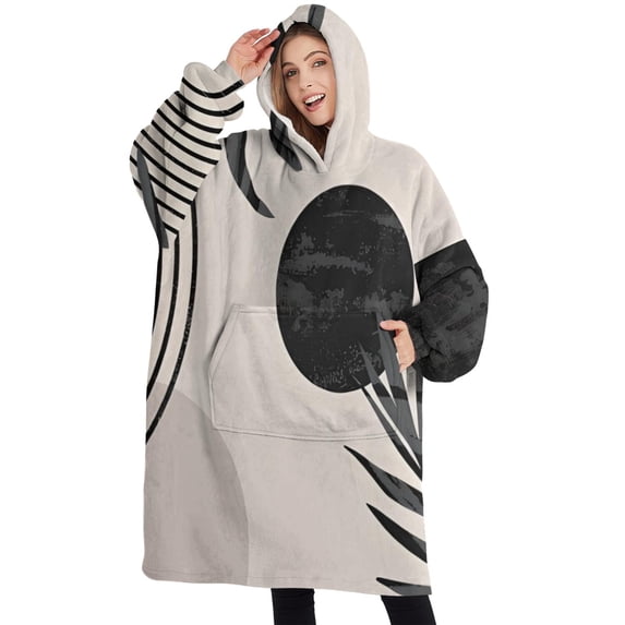 Oversized Wearable Blanket Hoodie,Brown Boho Geometric and Plant Pattern Sherpa Blanket Hoodie with Super Pockets,Super Warm Fuzzy Pullover for Women & Men