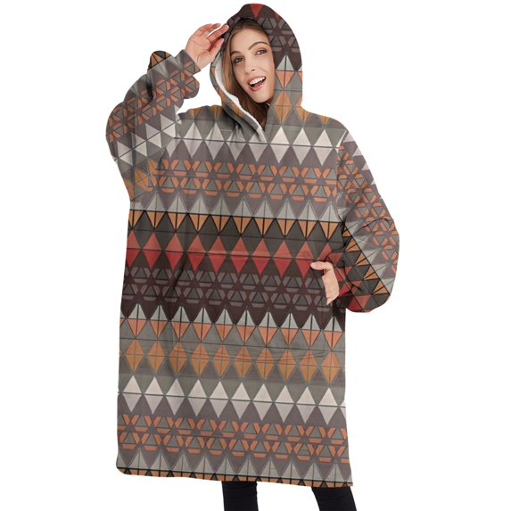 Oversized Wearable Blanket Hoodie,Brown Boho Geometric Triangles and Rhombuses Pattern Sherpa Blanket Hoodie with Super Pockets,Super Warm Fuzzy Pullover for Women & Men