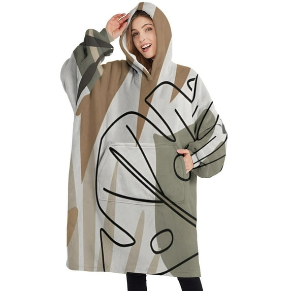Oversized Wearable Blanket Hoodie,Brown Boho Plant Pattern Sherpa Blanket Hoodie with Super Pockets,Super Warm Fuzzy Pullover for Women & Men