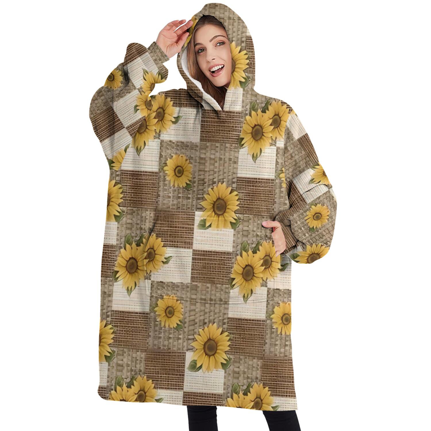 Oversized Wearable Blanket Hoodie,Brown Checker Sunflower Pattern Sherpa Blanket Hoodie with Super Pockets,Super Warm Fuzzy Pullover for Women & Men
