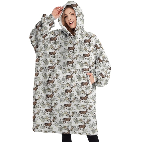 Oversized Wearable Blanket Hoodie,Brown Christmas Deer Pattern Sherpa Blanket Hoodie with Super Pockets,Super Warm Fuzzy Pullover for Women & Men