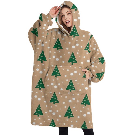 Oversized Wearable Blanket Hoodie,Brown Christmas Tree Pattern Sherpa Blanket Hoodie with Super Pockets,Super Warm Fuzzy Pullover for Women & Men