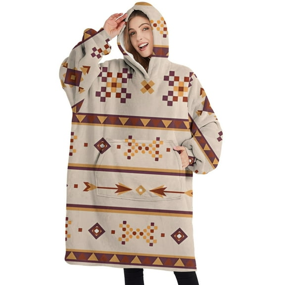 Oversized Wearable Blanket Hoodie,Brown Ethnic Arrow Pattern Sherpa Blanket Hoodie with Super Pockets,Super Warm Fuzzy Pullover for Women & Men
