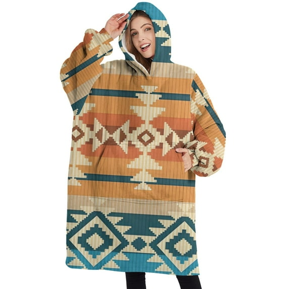 Oversized Wearable Blanket Hoodie,Brown Ethnic Geometric Pattern Sherpa Blanket Hoodie with Super Pockets,Super Warm Fuzzy Pullover for Women & Men