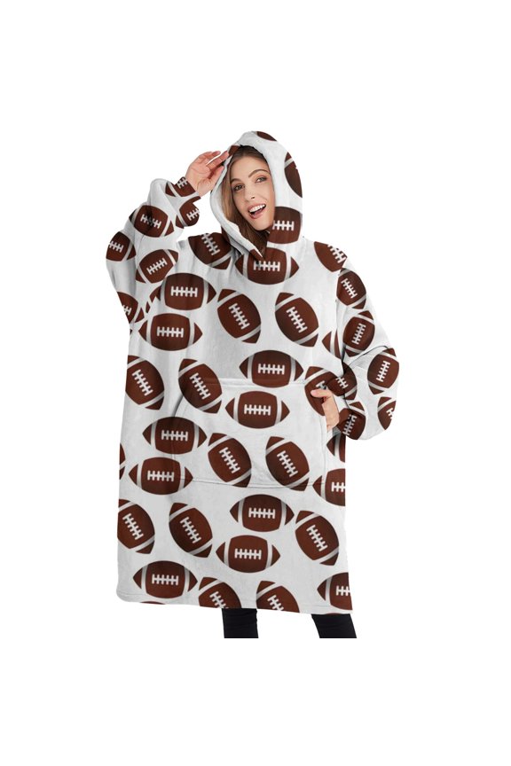 Oversized Wearable Blanket Hoodie,Brown Footballs Repeat Pattern Sherpa Blanket Hoodie with Super Pockets,Super Warm Fuzzy Pullover for Women & Men