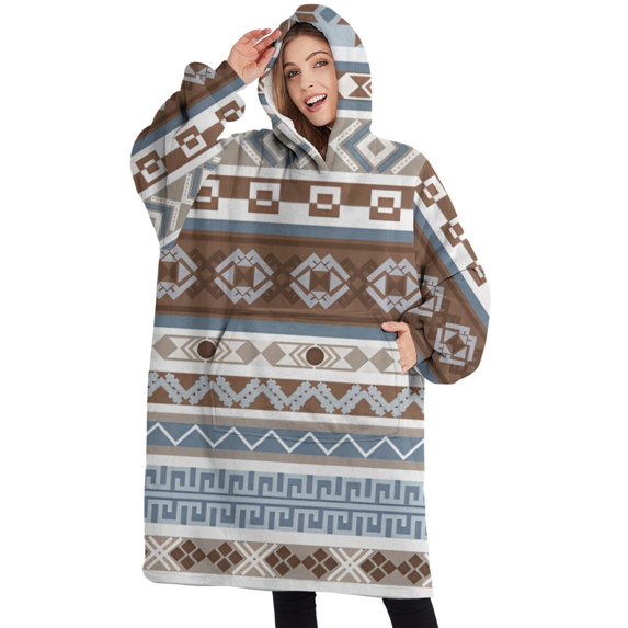Oversized Wearable Blanket Hoodie,Brown Geometric Striped Pattern Sherpa Blanket Hoodie with Super Pockets,Super Warm Fuzzy Pullover for Women & Men