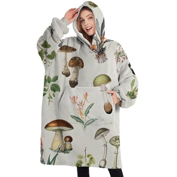 Oversized Wearable Blanket Hoodie,Brown Mushroom Flower Light Pattern Sherpa Blanket Hoodie with Super Pockets,Super Warm Fuzzy Pullover for Women & Men