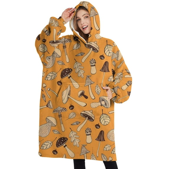 Oversized Wearable Blanket Hoodie,Brown Mushroom Leaf Orange Pattern Sherpa Blanket Hoodie with Super Pockets,Super Warm Fuzzy Pullover for Women & Men