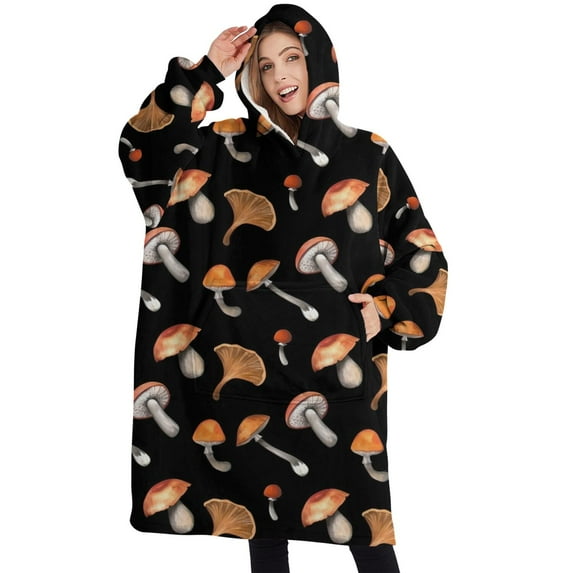Oversized Wearable Blanket Hoodie,Brown Mushroom Pattern Black Pattern Sherpa Blanket Hoodie with Super Pockets,Super Warm Fuzzy Pullover for Women & Men