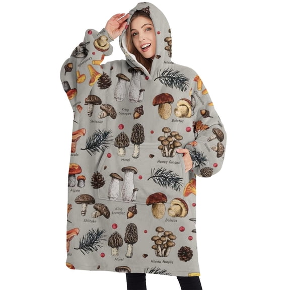 Oversized Wearable Blanket Hoodie,Brown Mushroom Pinecone Grey Pattern Sherpa Blanket Hoodie with Super Pockets,Super Warm Fuzzy Pullover for Women & Men