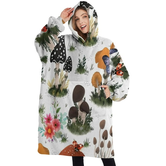 Oversized Wearable Blanket Hoodie,Brown Mushroom Plant White Pattern Sherpa Blanket Hoodie with Super Pockets,Super Warm Fuzzy Pullover for Women & Men