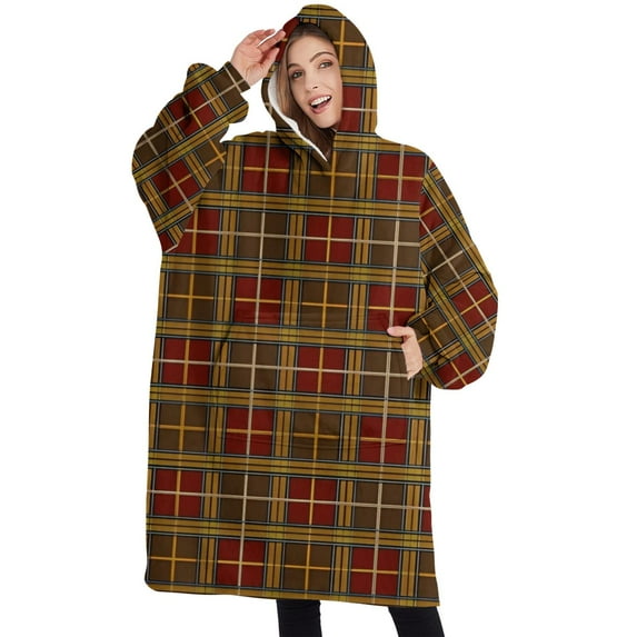 Oversized Wearable Blanket Hoodie,Brown Red Yellow Plaid Checkered Pattern Sherpa Blanket Hoodie with Super Pockets,Super Warm Fuzzy Pullover for Women & Men