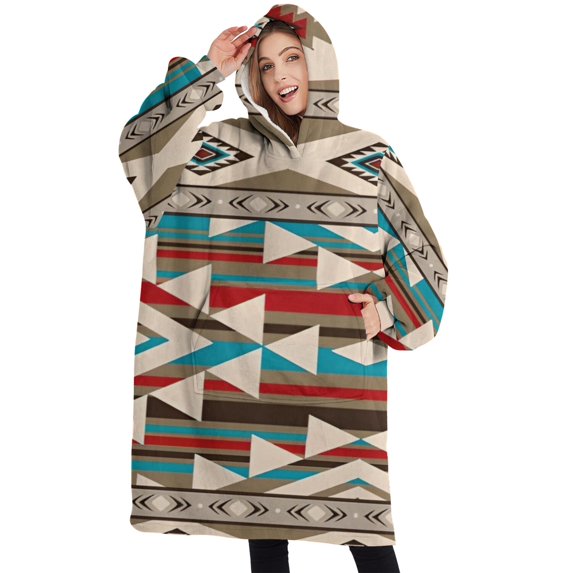 Oversized Wearable Blanket Hoodie,Brown Triangular Geometric Pattern Sherpa Blanket Hoodie with Super Pockets,Super Warm Fuzzy Pullover for Women & Men