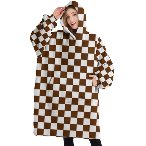 Oversized Wearable Blanket Hoodie,Brown and White Checkerboard Pattern Sherpa Blanket Hoodie with Super Pockets,Super Warm Fuzzy Pullover for Women & Men