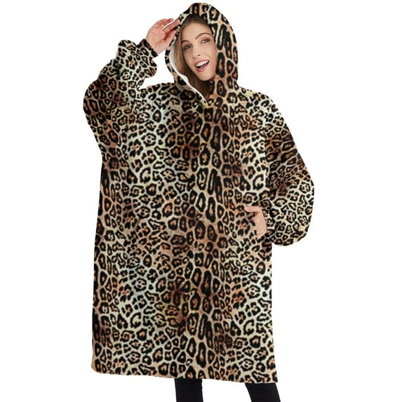 Oversized Wearable Blanket Hoodie,Brown and Black Leopard Print Sherpa Blanket Hoodie with Super Pockets,Super Warm Fuzzy Pullover for Women & Men