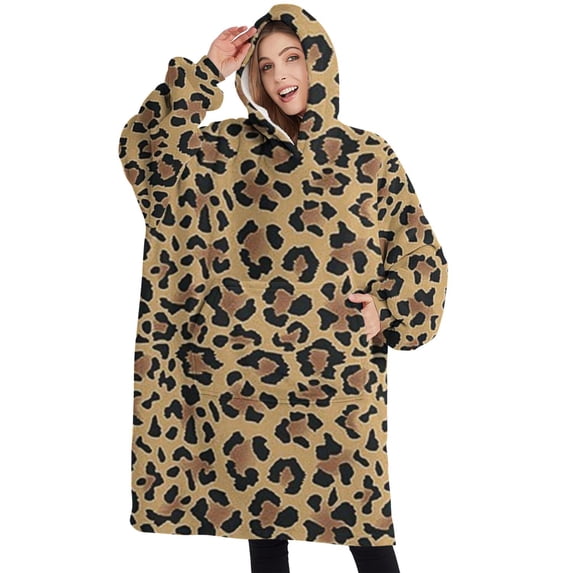 Oversized Wearable Blanket Hoodie,Brown and Black Leopard Print Sherpa Blanket Hoodie with Super Pockets,Super Warm Fuzzy Pullover for Women & Men