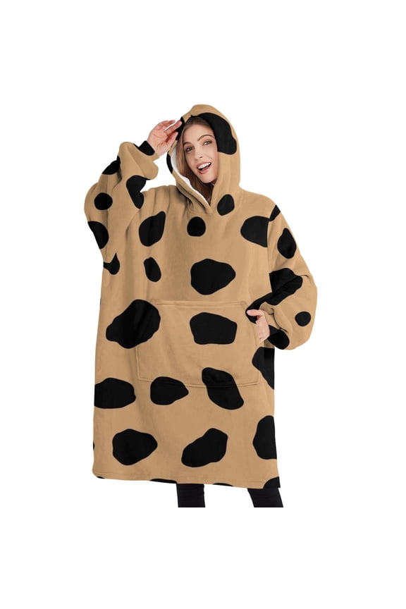 Oversized Wearable Blanket Hoodie,Brown and Black Of Leopard Print Sherpa Blanket Hoodie with Super Pockets,Super Warm Fuzzy Pullover for Women & Men