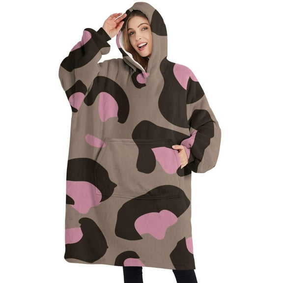 Oversized Wearable Blanket Hoodie,Brown and Pink Of Leopard Print Sherpa Blanket Hoodie with Super Pockets,Super Warm Fuzzy Pullover for Women & Men