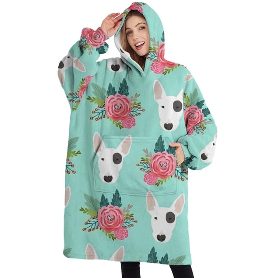 Oversized Wearable Blanket Hoodie,Bull Terrier Dog and Flower Florals Sherpa Blanket Hoodie with Super Pockets,Super Warm Fuzzy Pullover for Women & Men